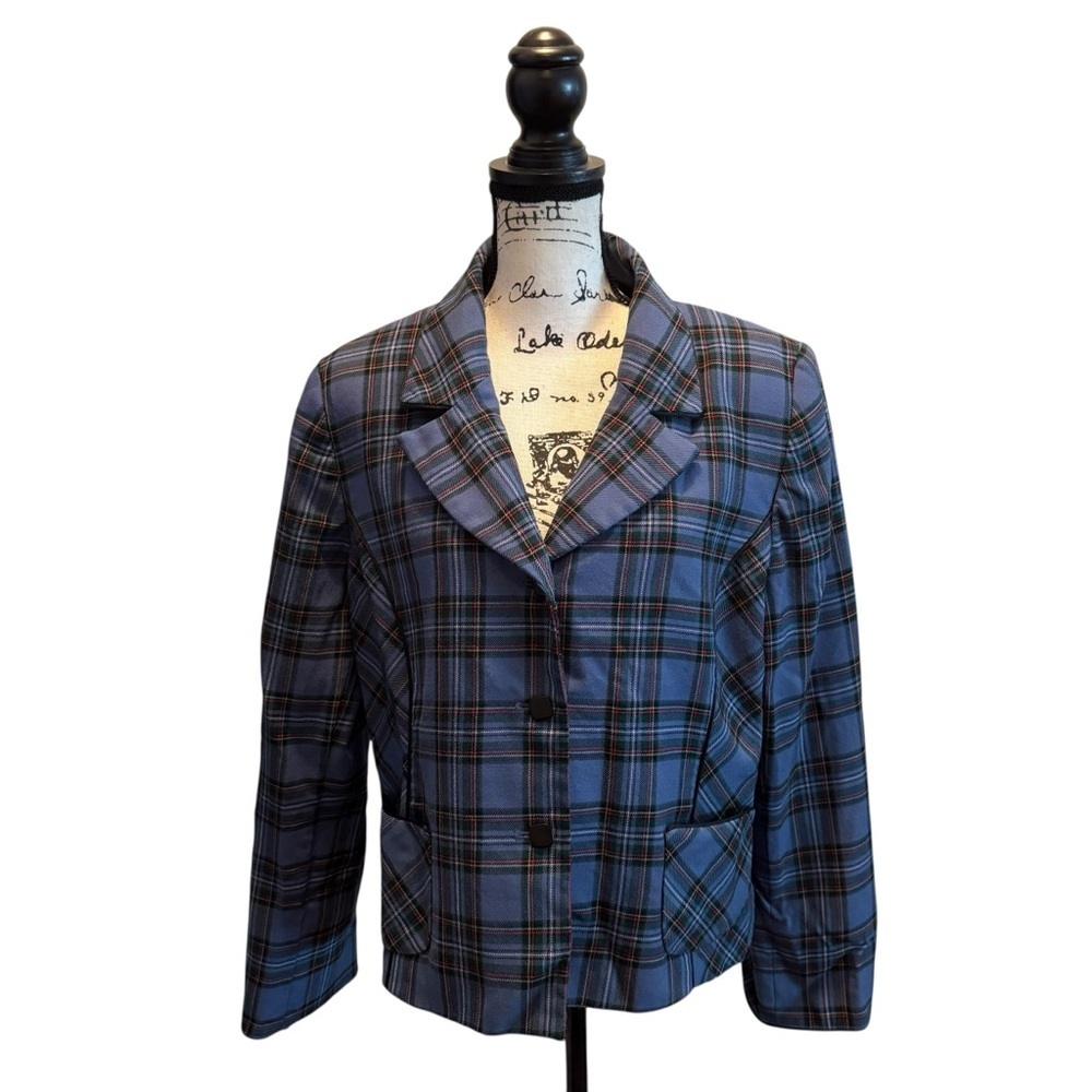 Pendleton Wool Plaid Blazer Jacket Cropped Blue Size 18 Vintage Preppy Office